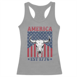 Funny 4th Of July Western Racerback Tank Top America EST 1776 Long Horn Skull TS11 Sport Gray Print Your Wear