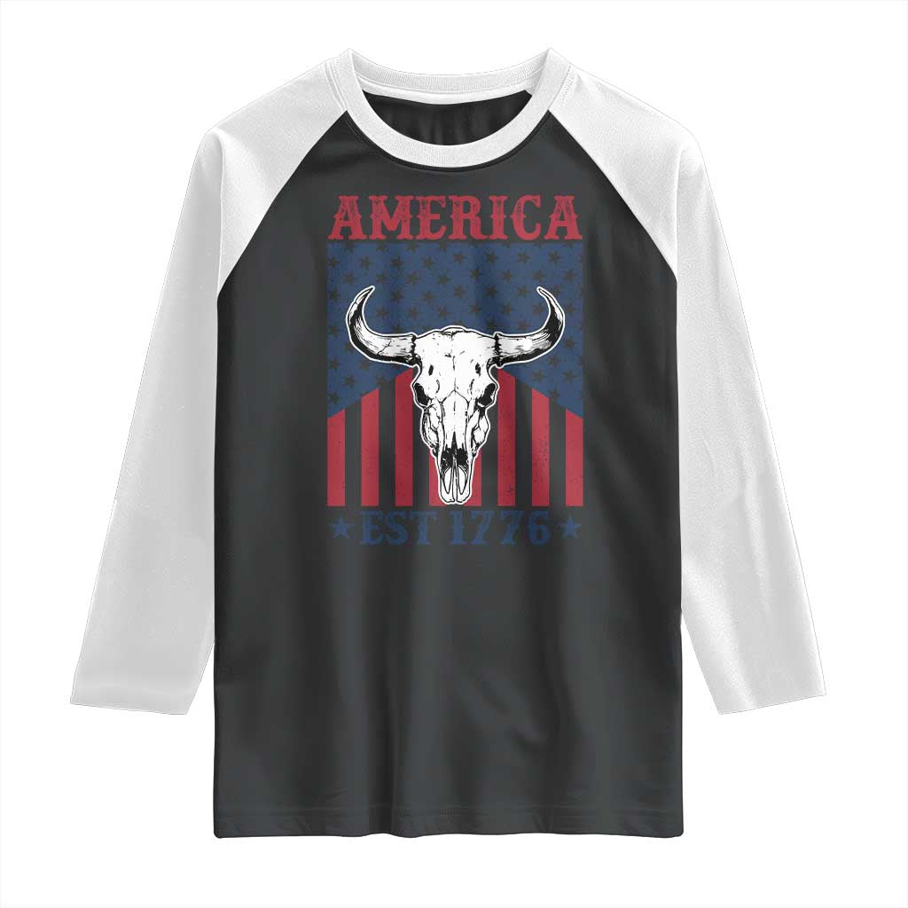 Funny 4th Of July Western Raglan Shirt America EST 1776 Long Horn Skull TS11 Black White Print Your Wear