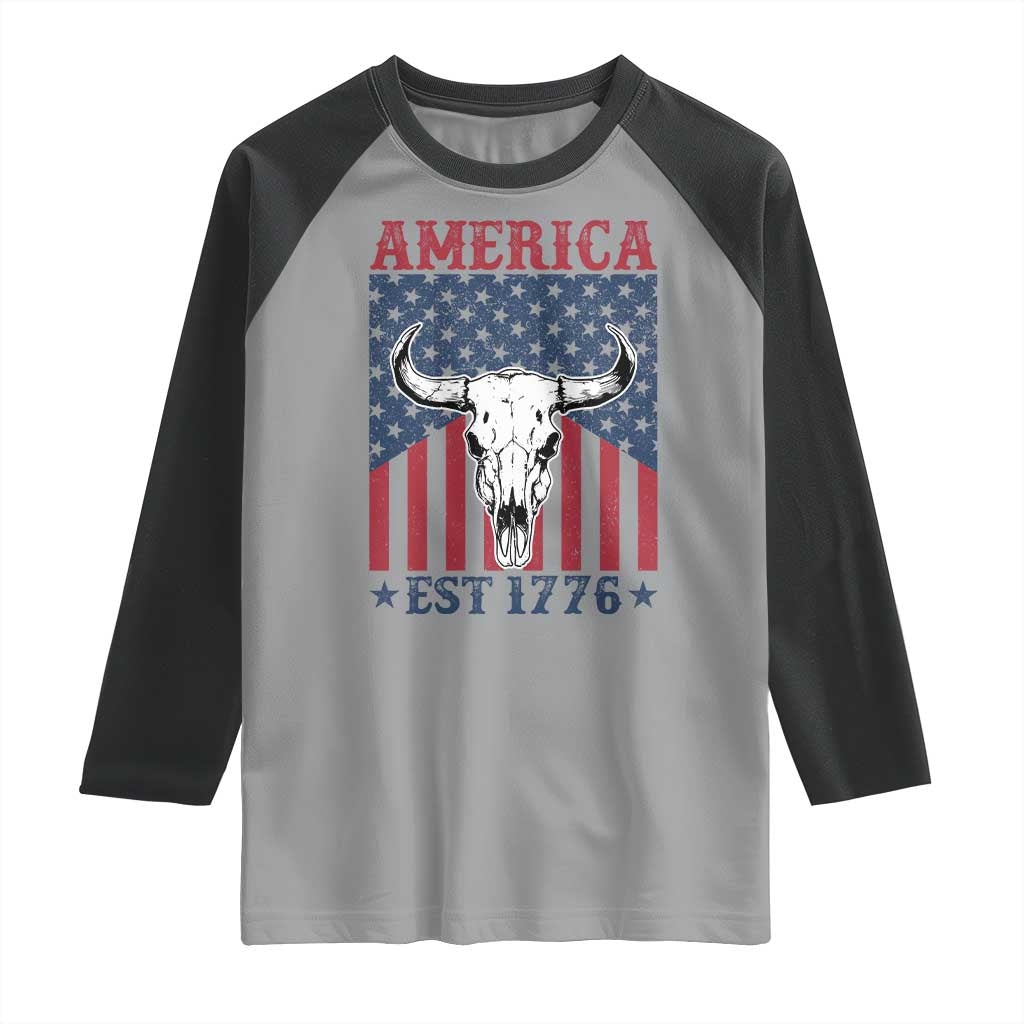 Funny 4th Of July Western Raglan Shirt America EST 1776 Long Horn Skull TS11 Sport Gray Black Print Your Wear
