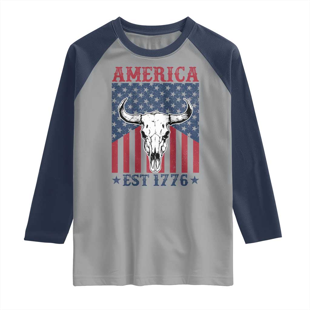 Funny 4th Of July Western Raglan Shirt America EST 1776 Long Horn Skull TS11 Sport Gray Navy Print Your Wear