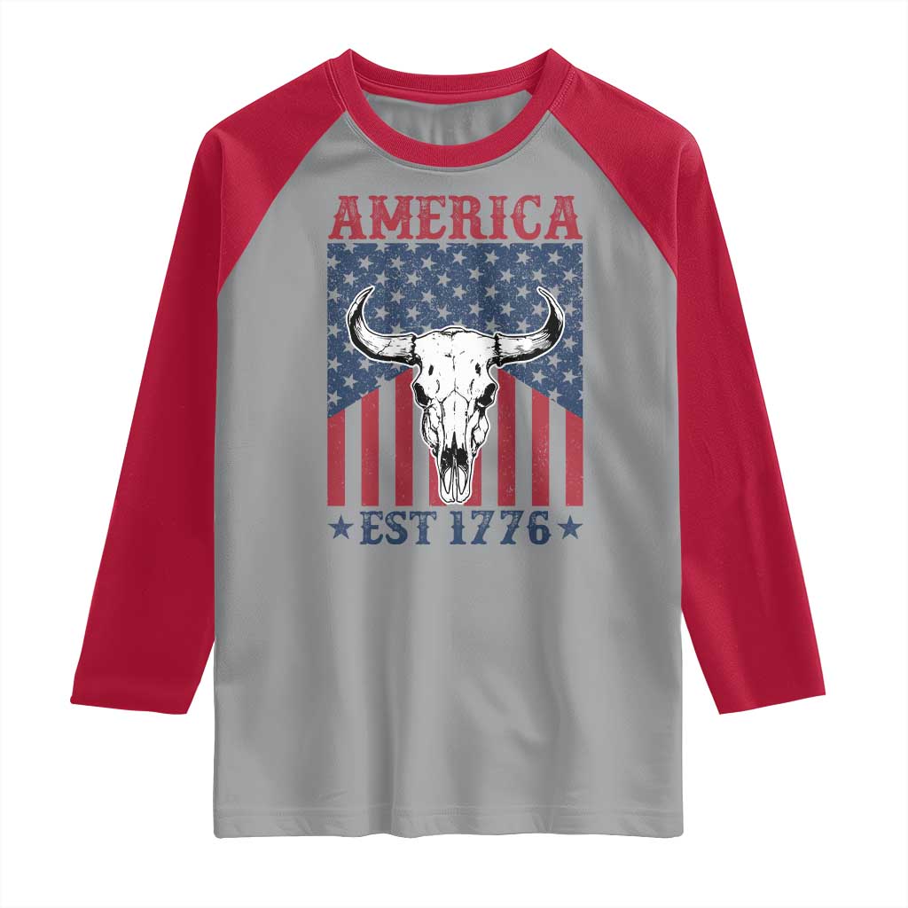 Funny 4th Of July Western Raglan Shirt America EST 1776 Long Horn Skull TS11 Sport Gray Red Print Your Wear