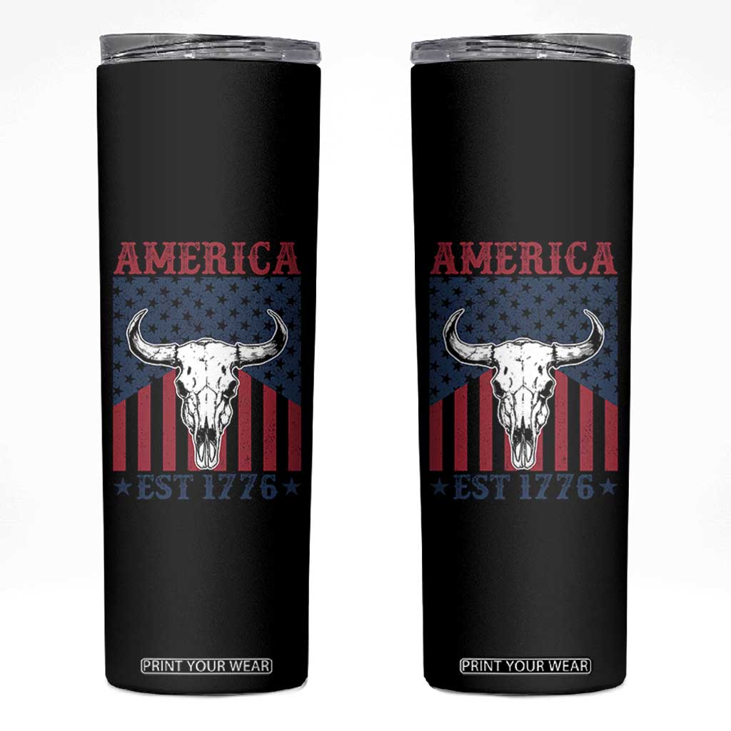 Funny 4th Of July Western Skinny Tumbler America EST 1776 Long Horn Skull TS11 Black Print Your Wear