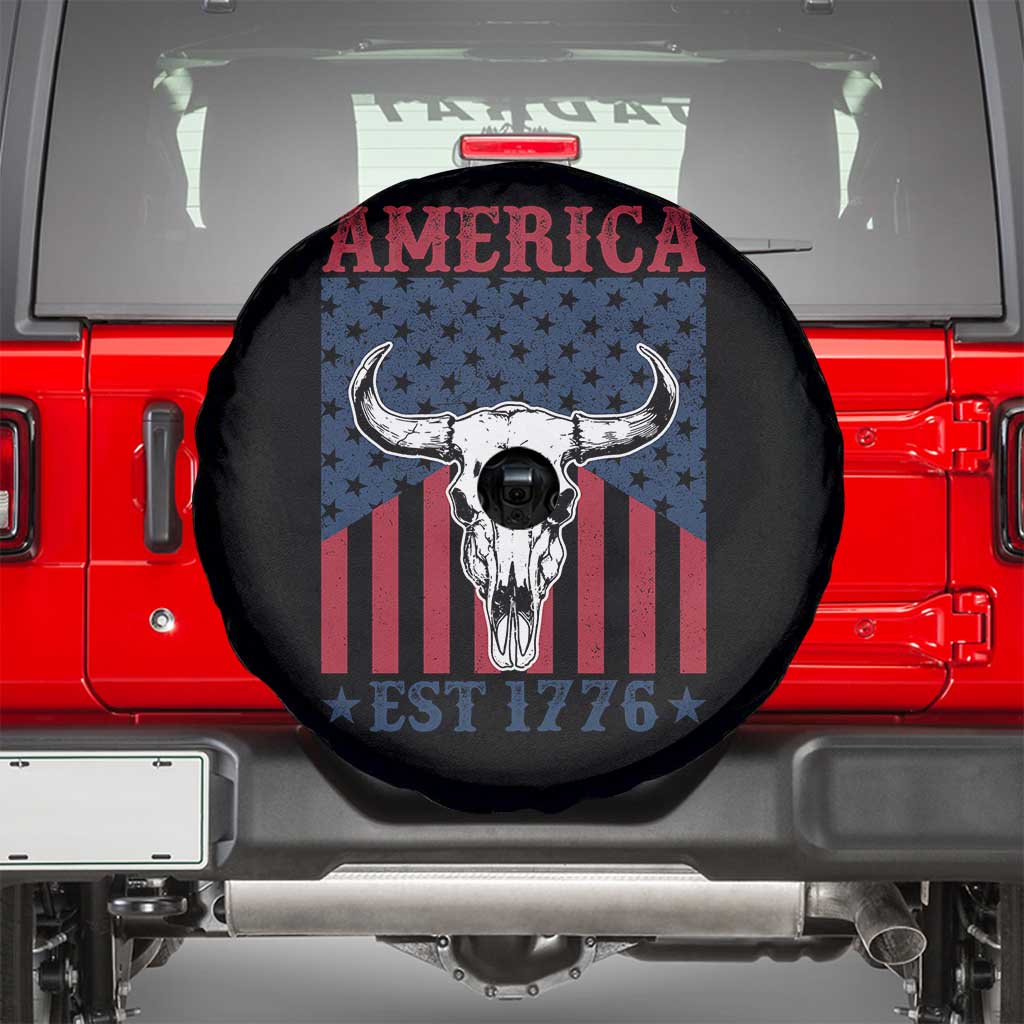 Funny 4th Of July Western Spare Tire Cover America EST 1776 Long Horn Skull TS11 Black Print Your Wear