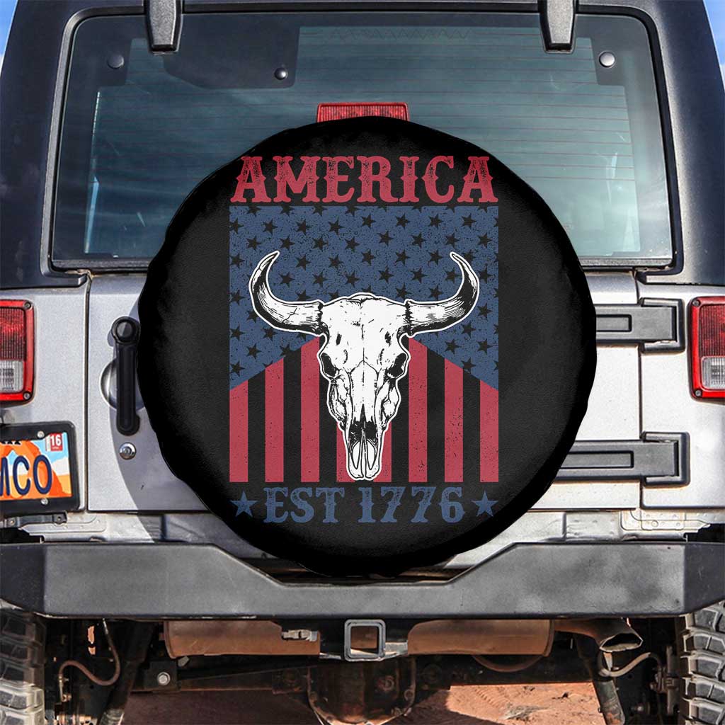 Funny 4th Of July Western Spare Tire Cover America EST 1776 Long Horn Skull TS11 No hole Black Print Your Wear
