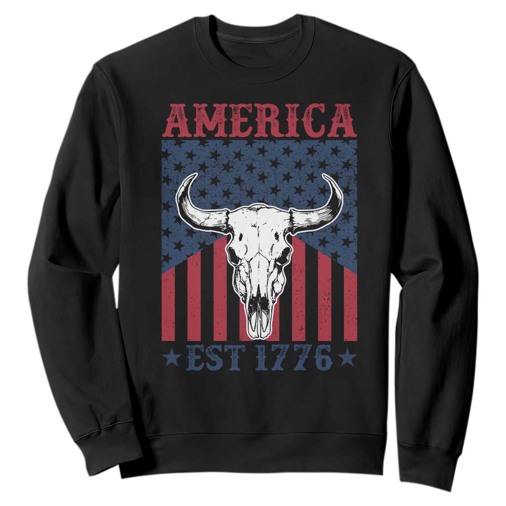 Funny 4th Of July Western Sweatshirt America EST 1776 Long Horn Skull TS11 Black Print Your Wear