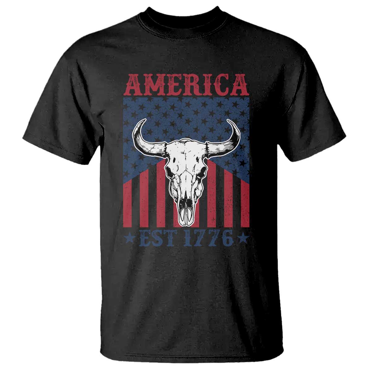 Funny 4th Of July Western T Shirt America EST 1776 Long Horn Skull TS11 Black Print Your Wear