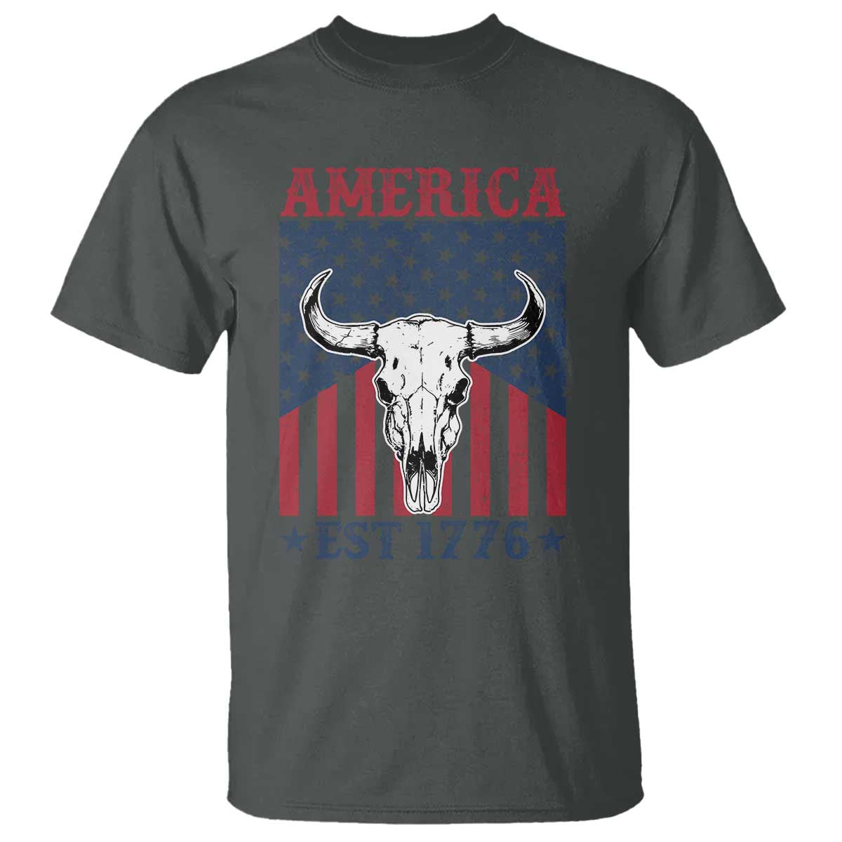 Funny 4th Of July Western T Shirt America EST 1776 Long Horn Skull TS11 Dark Heather Print Your Wear