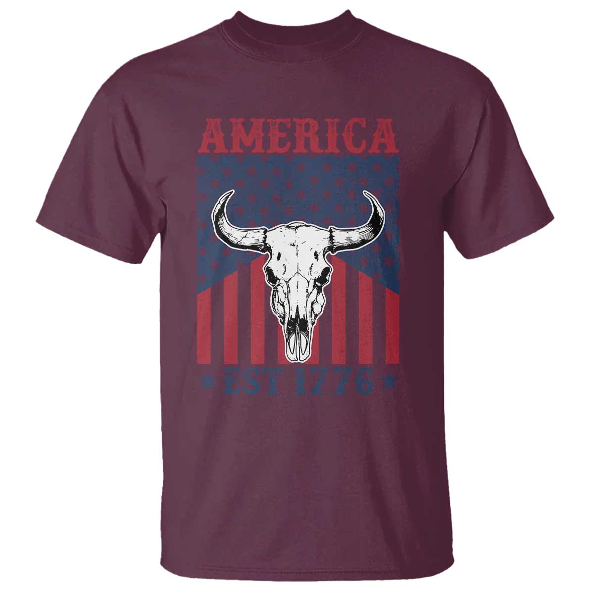 Funny 4th Of July Western T Shirt America EST 1776 Long Horn Skull TS11 Maroon Print Your Wear