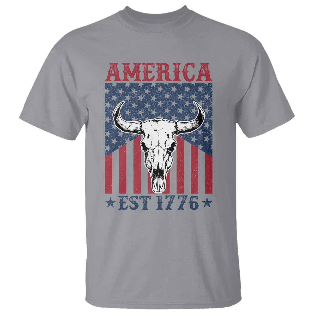 Funny 4th Of July Western T Shirt America EST 1776 Long Horn Skull TS11 Sport Gray Print Your Wear