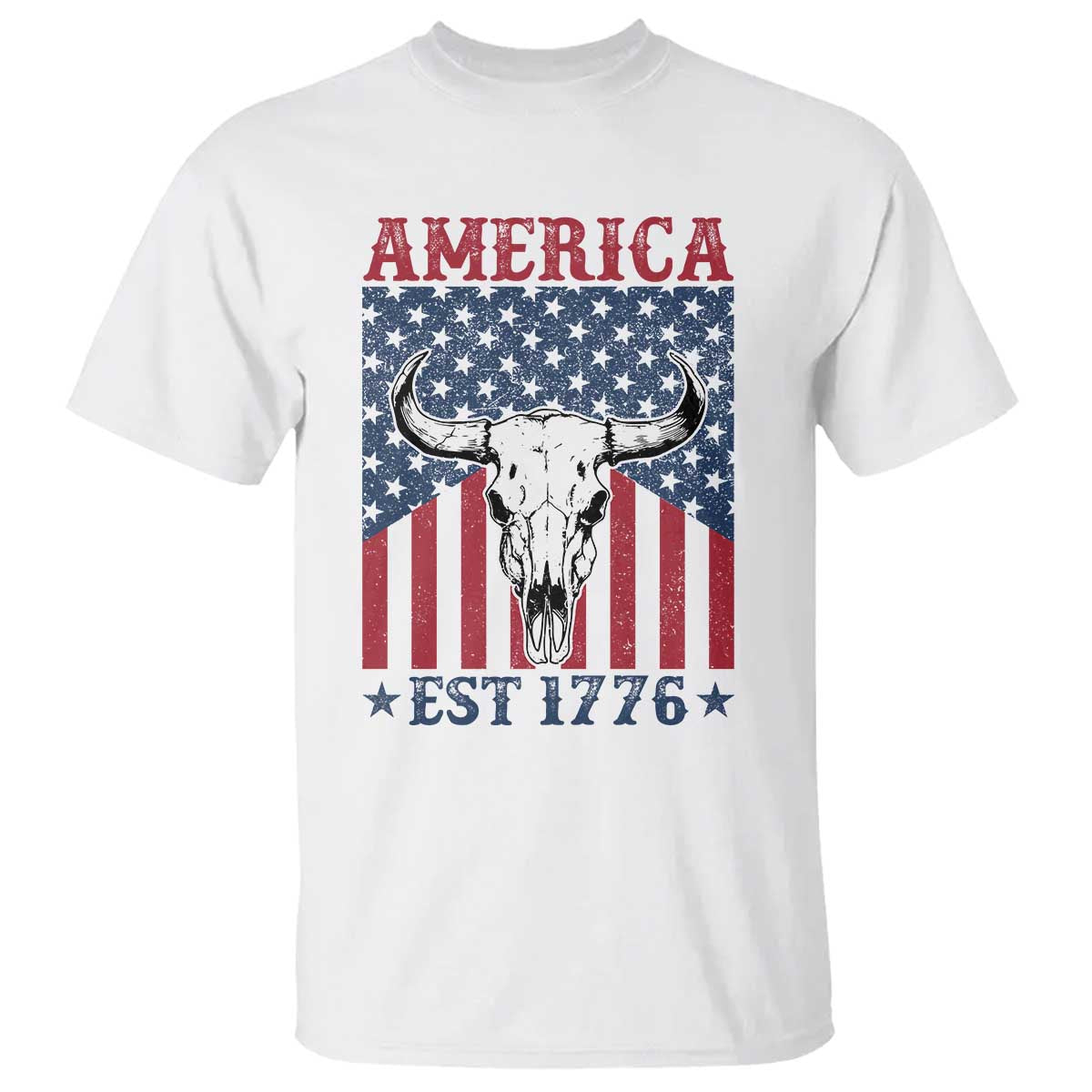 Funny 4th Of July Western T Shirt America EST 1776 Long Horn Skull TS11 White Print Your Wear