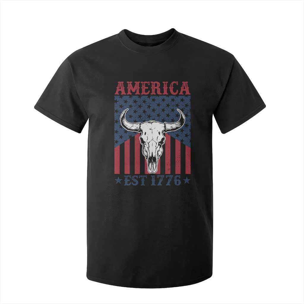 Funny 4th Of July Western T Shirt For Kid America EST 1776 Long Horn Skull TS11 Black Print Your Wear