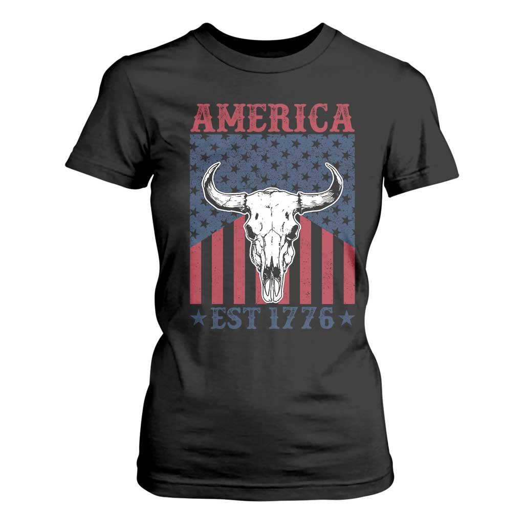 Funny 4th Of July Western T Shirt For Women America EST 1776 Long Horn Skull TS11 Black Print Your Wear