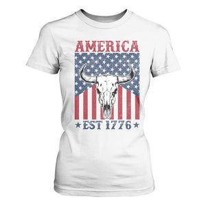 Funny 4th Of July Western T Shirt For Women America EST 1776 Long Horn Skull TS11 White Print Your Wear