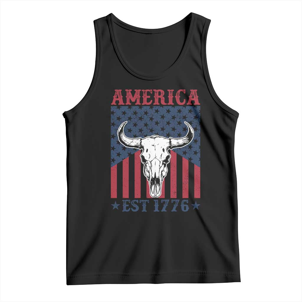 Funny 4th Of July Western Tank Top America EST 1776 Long Horn Skull TS11 Black Print Your Wear