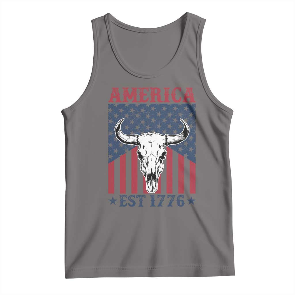 Funny 4th Of July Western Tank Top America EST 1776 Long Horn Skull TS11 Deep Heather Print Your Wear