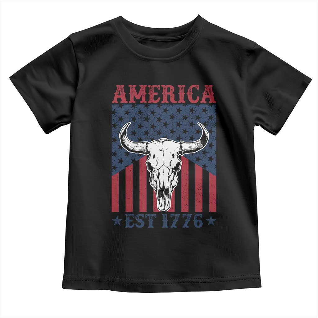 Funny 4th Of July Western Toddler T Shirt America EST 1776 Long Horn Skull TS11 Black Print Your Wear