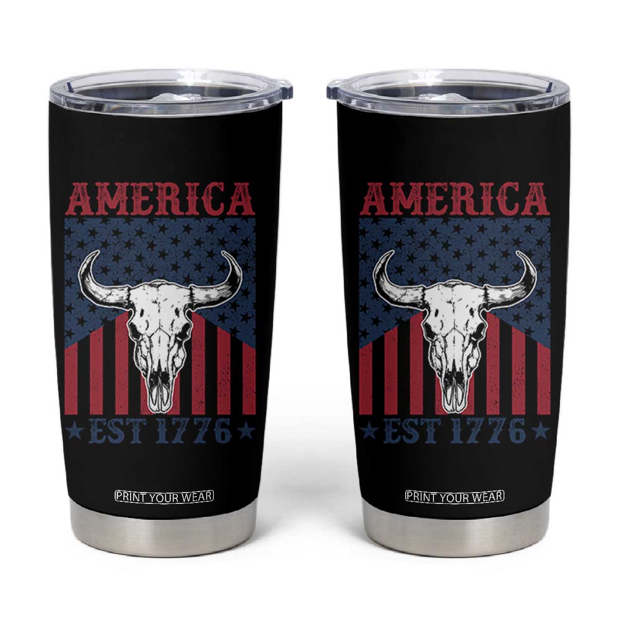 Funny 4th Of July Western Tumbler Cup America EST 1776 Long Horn Skull TS11 Black Print Your Wear