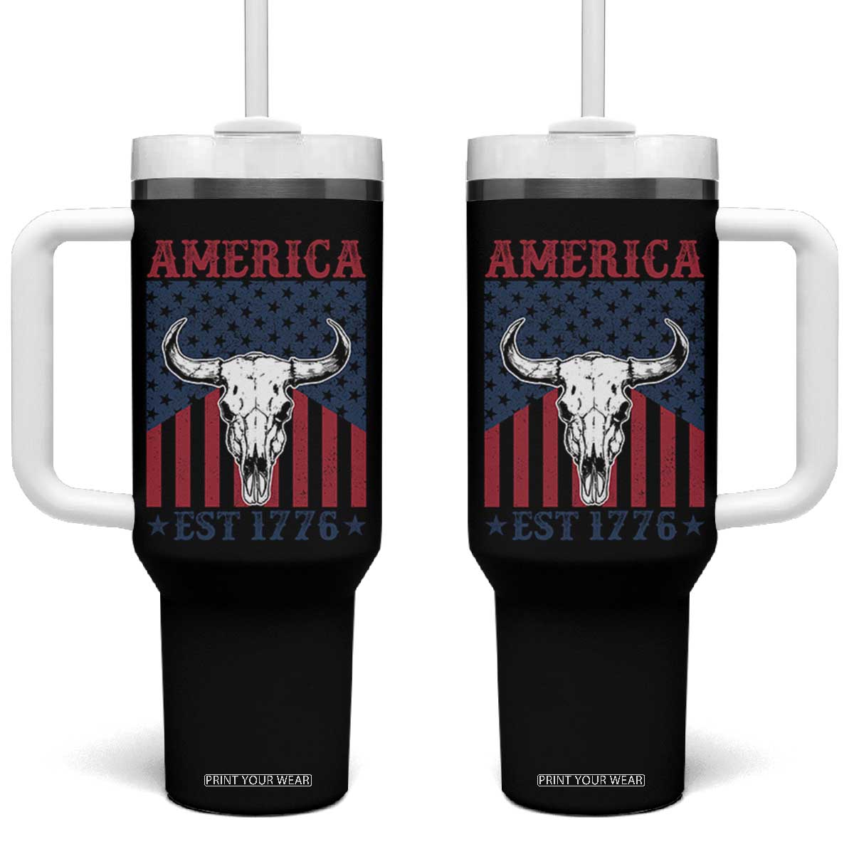 Funny 4th Of July Western Tumbler With Handle America EST 1776 Long Horn Skull TS11 One Size: 40 oz Black Print Your Wear