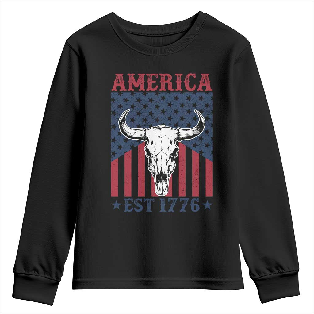Funny 4th Of July Western Youth Sweatshirt America EST 1776 Long Horn Skull TS11 Black Print Your Wear