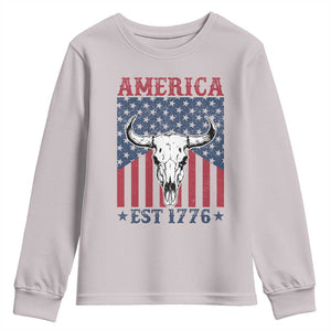 Funny 4th Of July Western Youth Sweatshirt America EST 1776 Long Horn Skull TS11 Ice Gray Print Your Wear