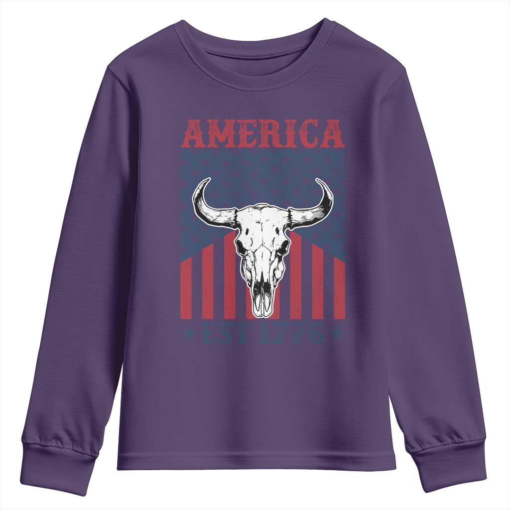 Funny 4th Of July Western Youth Sweatshirt America EST 1776 Long Horn Skull TS11 Purple Print Your Wear