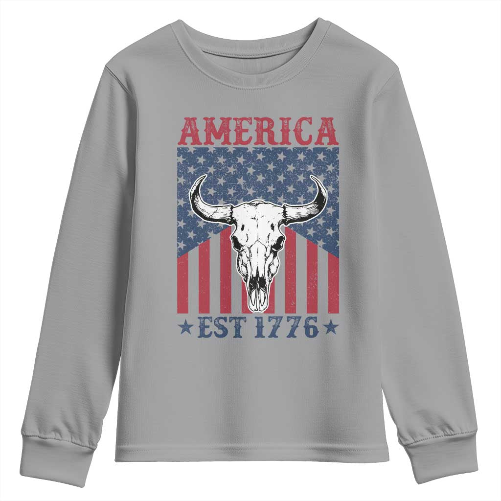 Funny 4th Of July Western Youth Sweatshirt America EST 1776 Long Horn Skull TS11 Sport Gray Print Your Wear