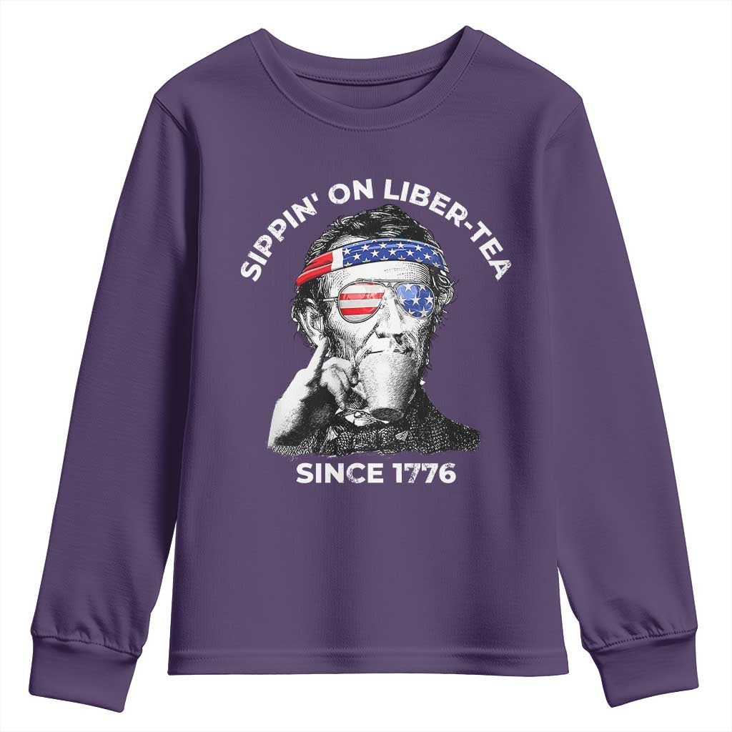 Funny 4th Of July Youth Sweatshirt Sippin On Liber Tea Liberty Abe Lincoln 1776 USA Flag TS10 Purple Print Your Wear