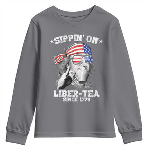 Funny 4th Of July Youth Sweatshirt Sippin On Liber Tea Liberty Ben Franklin 1776 USA Flag TS10 Charcoal Print Your Wear