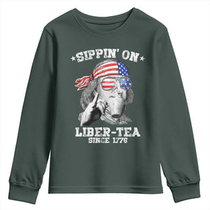 Funny 4th Of July Youth Sweatshirt Sippin On Liber Tea Liberty Ben Franklin 1776 USA Flag TS10 Dark Forest Green Print Your Wear