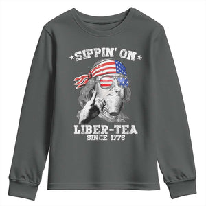 Funny 4th Of July Youth Sweatshirt Sippin On Liber Tea Liberty Ben Franklin 1776 USA Flag TS10 Dark Heather Print Your Wear