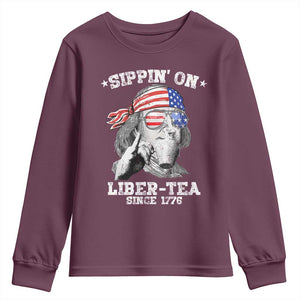Funny 4th Of July Youth Sweatshirt Sippin On Liber Tea Liberty Ben Franklin 1776 USA Flag TS10 Maroon Print Your Wear