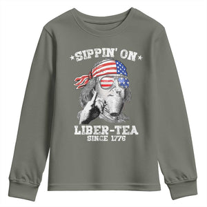 Funny 4th Of July Youth Sweatshirt Sippin On Liber Tea Liberty Ben Franklin 1776 USA Flag TS10 Military Green Print Your Wear