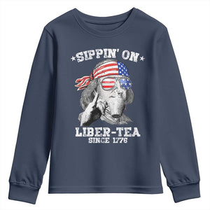 Funny 4th Of July Youth Sweatshirt Sippin On Liber Tea Liberty Ben Franklin 1776 USA Flag TS10 Navy Print Your Wear