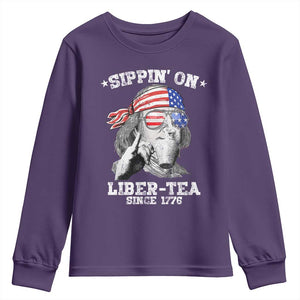 Funny 4th Of July Youth Sweatshirt Sippin On Liber Tea Liberty Ben Franklin 1776 USA Flag TS10 Purple Print Your Wear