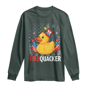 Funny 4th of July Duck Firequacker Long Sleeve Shirt Patriotic Vintage American Flag TS11 Dark Forest Green Print Your Wear