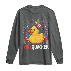 Funny 4th of July Duck Firequacker Long Sleeve Shirt Patriotic Vintage American Flag TS11 Dark Heather Print Your Wear