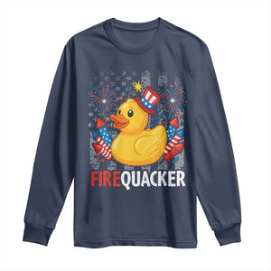 Funny 4th of July Duck Firequacker Long Sleeve Shirt Patriotic Vintage American Flag TS11 Navy Print Your Wear