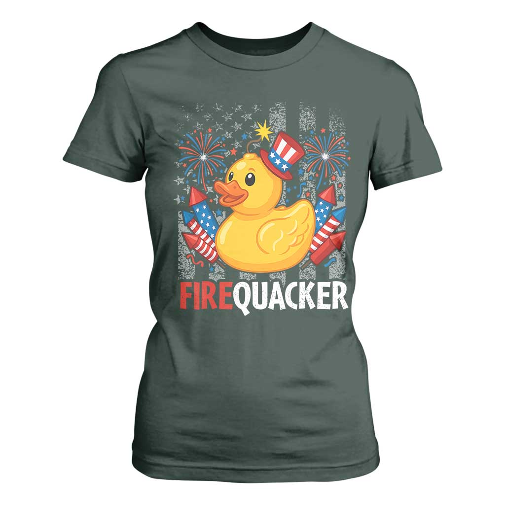 Funny 4th of July Duck Firequacker T Shirt For Women Patriotic Vintage American Flag TS11 Dark Forest Green Print Your Wear