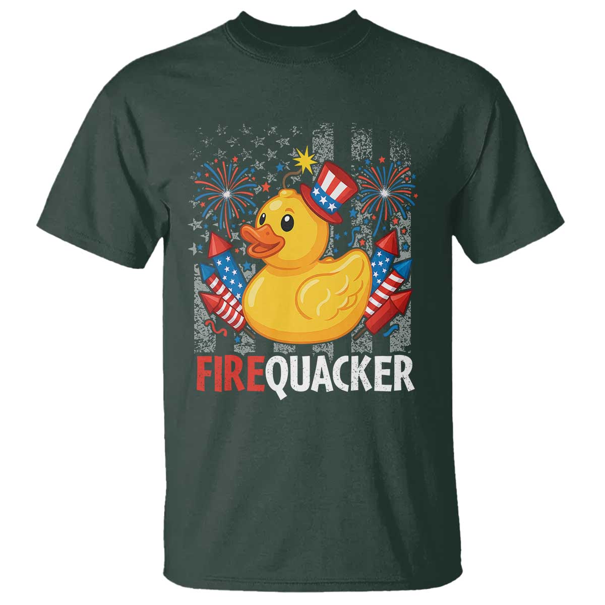 Funny 4th of July Duck Firequacker T Shirt Patriotic Vintage American Flag TS11 Dark Forest Green Print Your Wear
