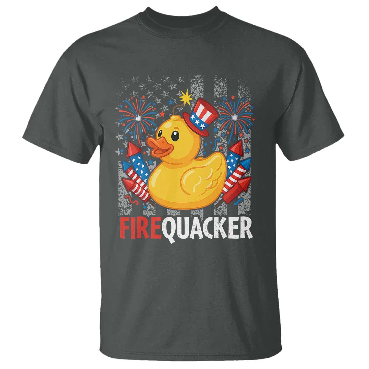 Funny 4th of July Duck Firequacker T Shirt Patriotic Vintage American Flag TS11 Dark Heather Print Your Wear