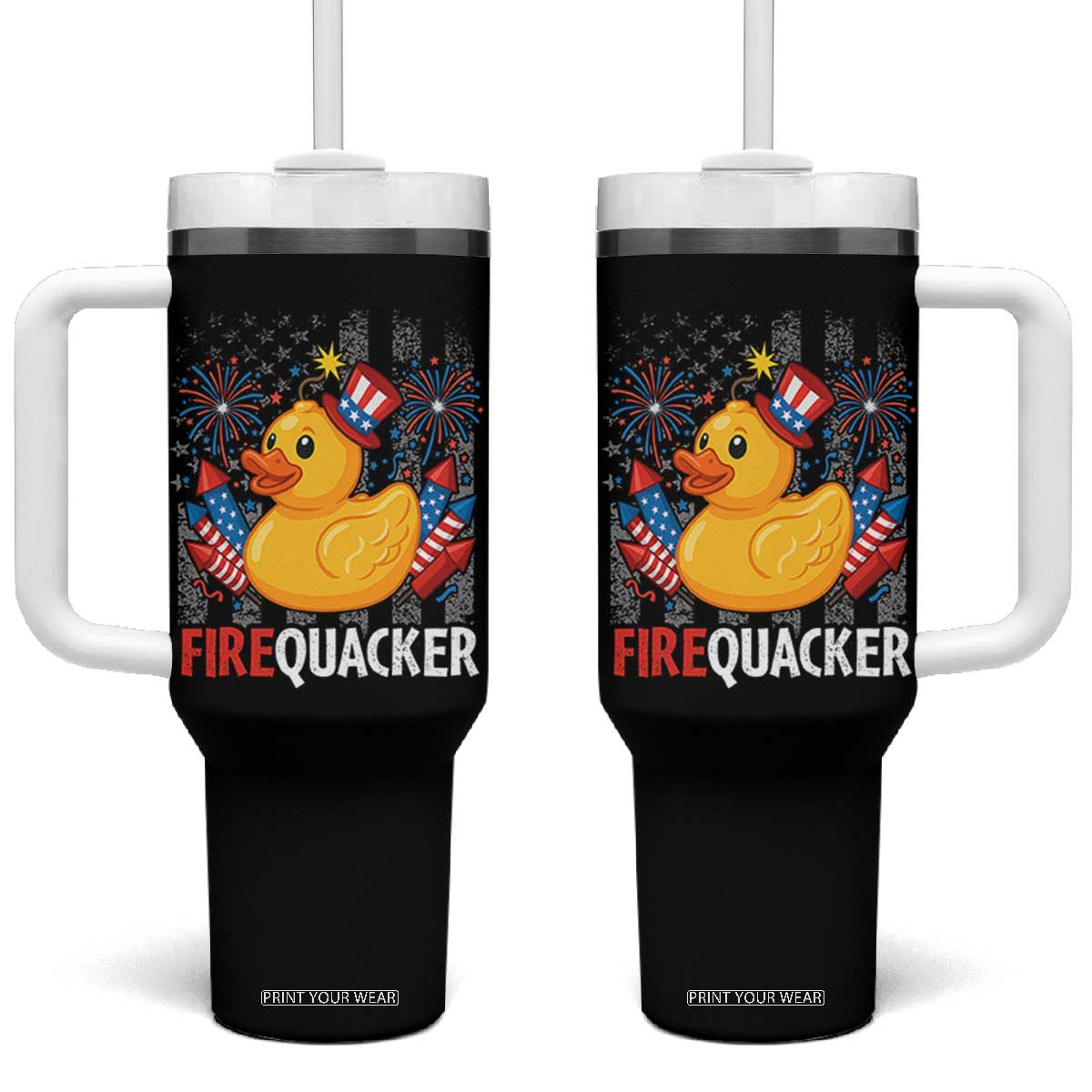 Funny 4th of July Duck Firequacker Tumbler With Handle Patriotic Vintage American Flag TS11 One Size: 40 oz Black Print Your Wear