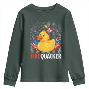 Funny 4th of July Duck Firequacker Youth Sweatshirt Patriotic Vintage American Flag TS11 Dark Forest Green Print Your Wear