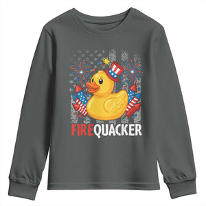 Funny 4th of July Duck Firequacker Youth Sweatshirt Patriotic Vintage American Flag TS11 Dark Heather Print Your Wear