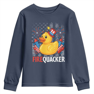 Funny 4th of July Duck Firequacker Youth Sweatshirt Patriotic Vintage American Flag TS11 Navy Print Your Wear