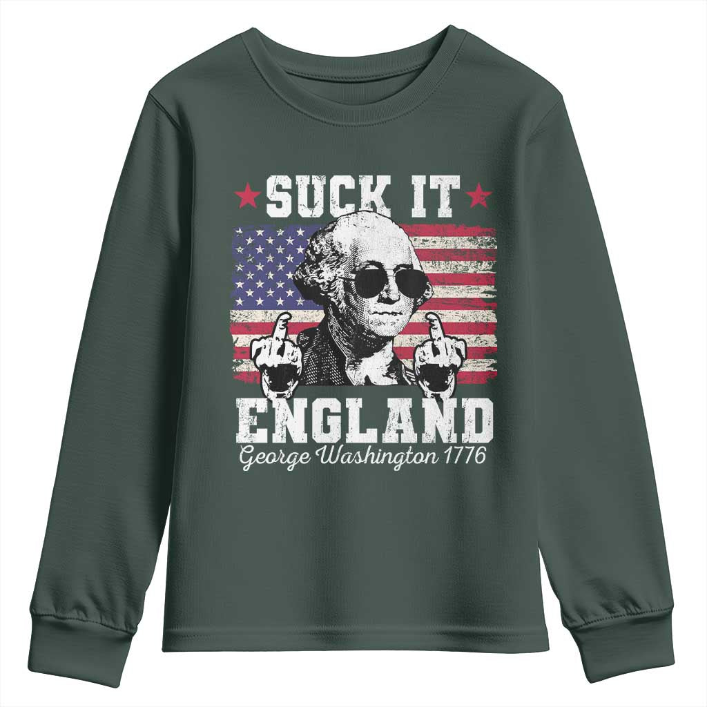 Funny 4th of July George Washington Youth Sweatshirt Suck It England 1776 TS10 Dark Forest Green Print Your Wear