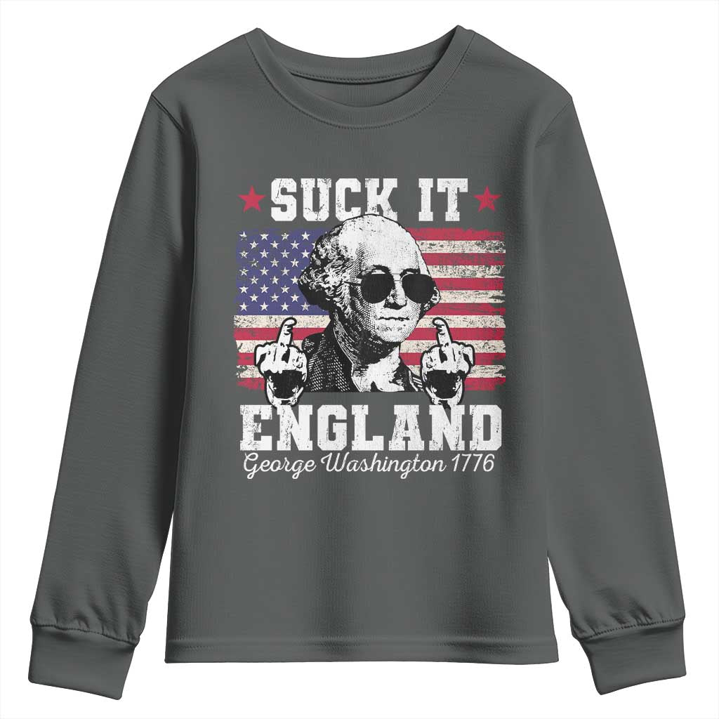 Funny 4th of July George Washington Youth Sweatshirt Suck It England 1776 TS10 Dark Heather Print Your Wear