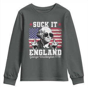 Funny 4th of July George Washington Youth Sweatshirt Suck It England 1776 TS10 Dark Heather Print Your Wear