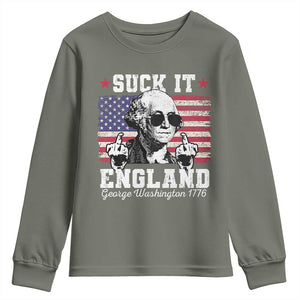 Funny 4th of July George Washington Youth Sweatshirt Suck It England 1776 TS10 Military Green Print Your Wear