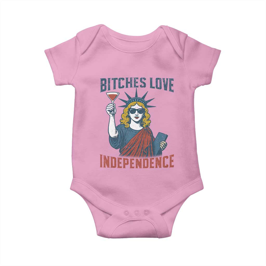 Funny 4th of July Statue of Liberty Cocktail Baby Onesie Retro Bitches Love Independence TS02 Light Pink Print Your Wear