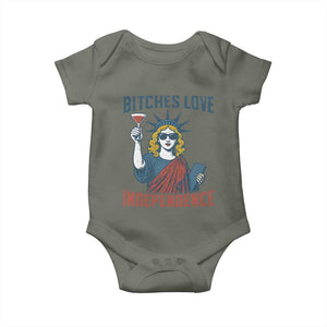 Funny 4th of July Statue of Liberty Cocktail Baby Onesie Retro Bitches Love Independence TS02 Military Green Print Your Wear